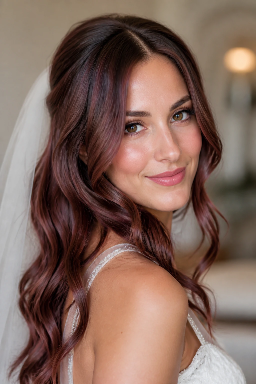 Real bride with rosewood brunette hair under warm indoor light