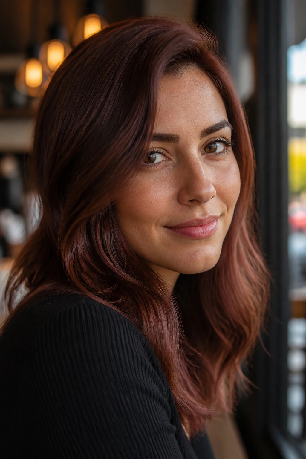 Close-up of real woman with rosewood brunette hair with rosy undertones.