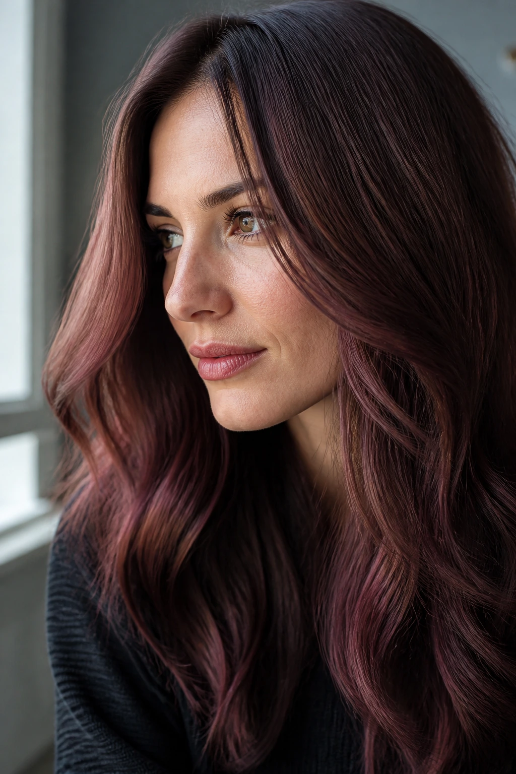 Close-up of brunette hair with soft rosewood warmth under winter light