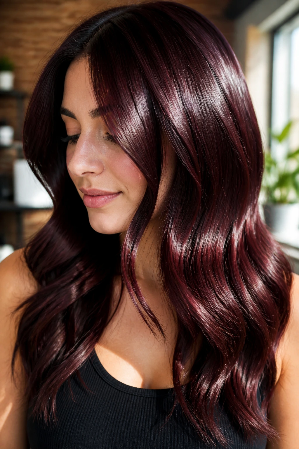 Close-up of rosewood burgundy hair with glossy finish in warm window light