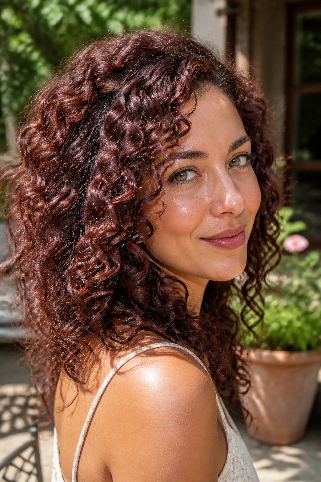 Close-up portrait of a real woman with rosewood gloss on textured curls outdoors.