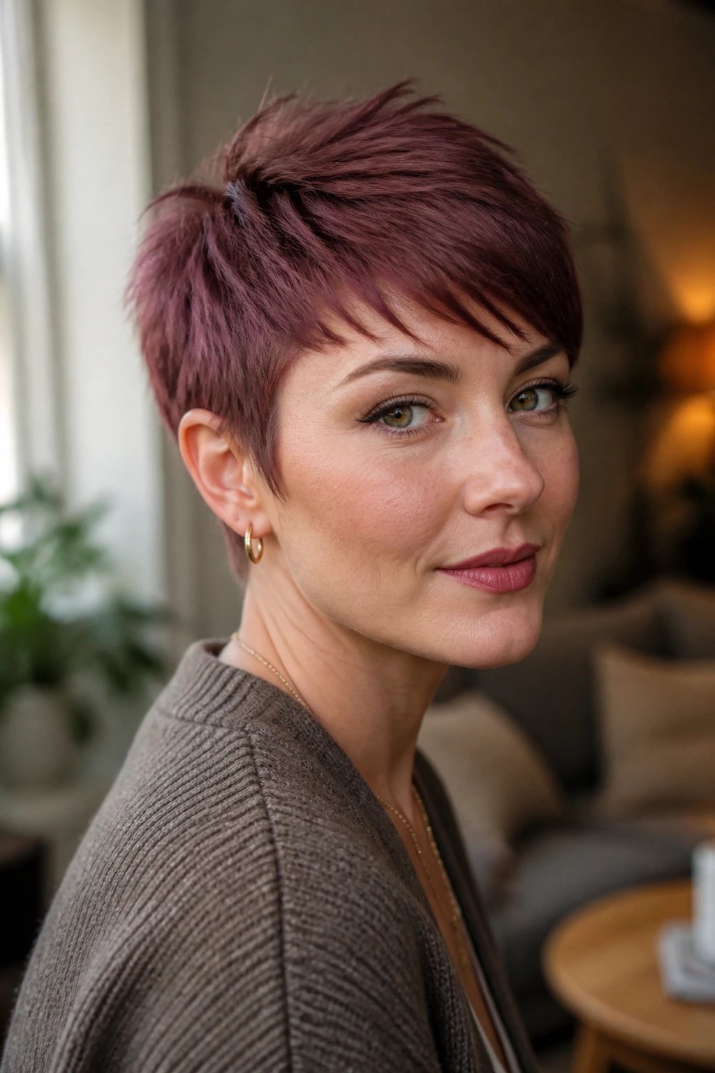 Close-up portrait of a real woman with a rosewood pixie haircut in muted red tones.