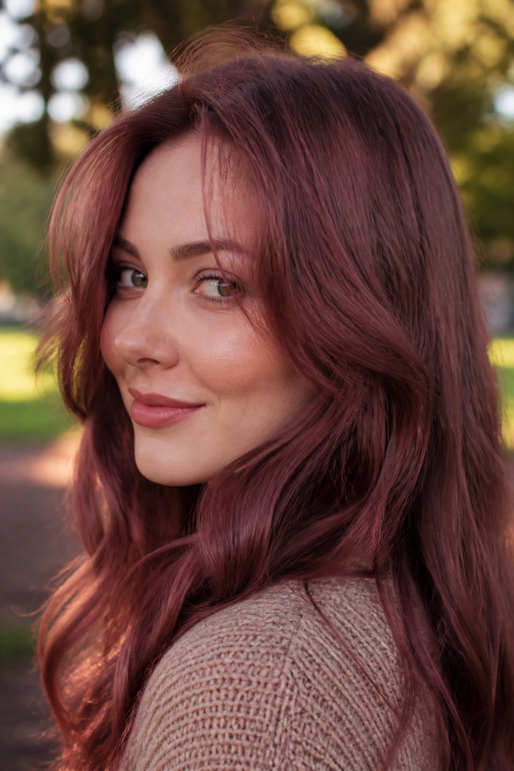 Close-up of a person with rosewood rust hair in golden hour light