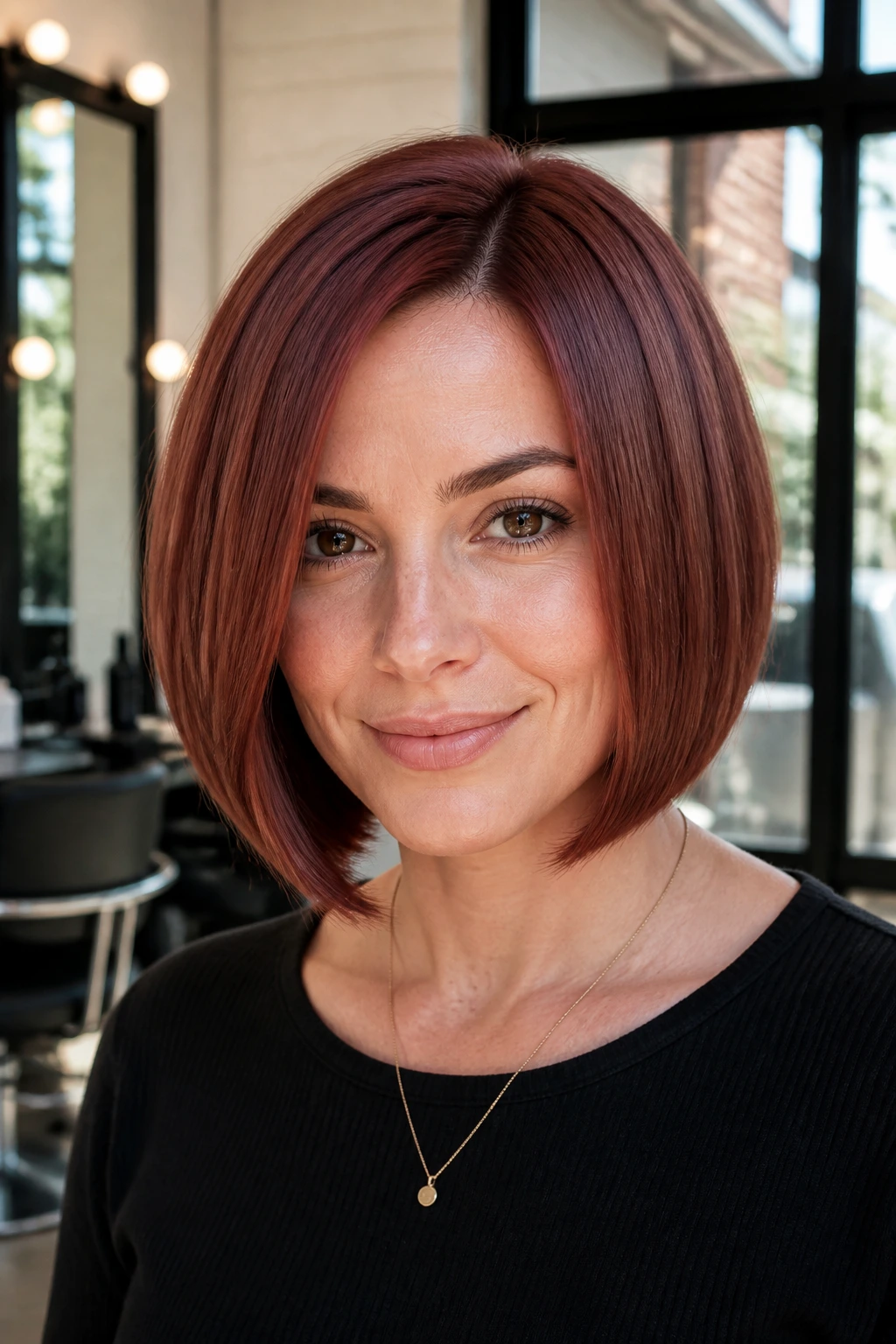 Close-up of a real woman with a rosewood sleek bob hairstyle