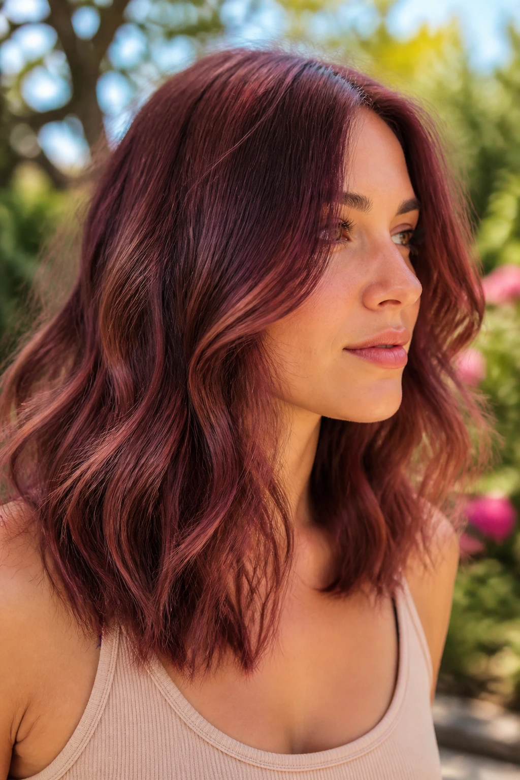 Close-up of a real person with rosewood colored loose waves in natural daylight.