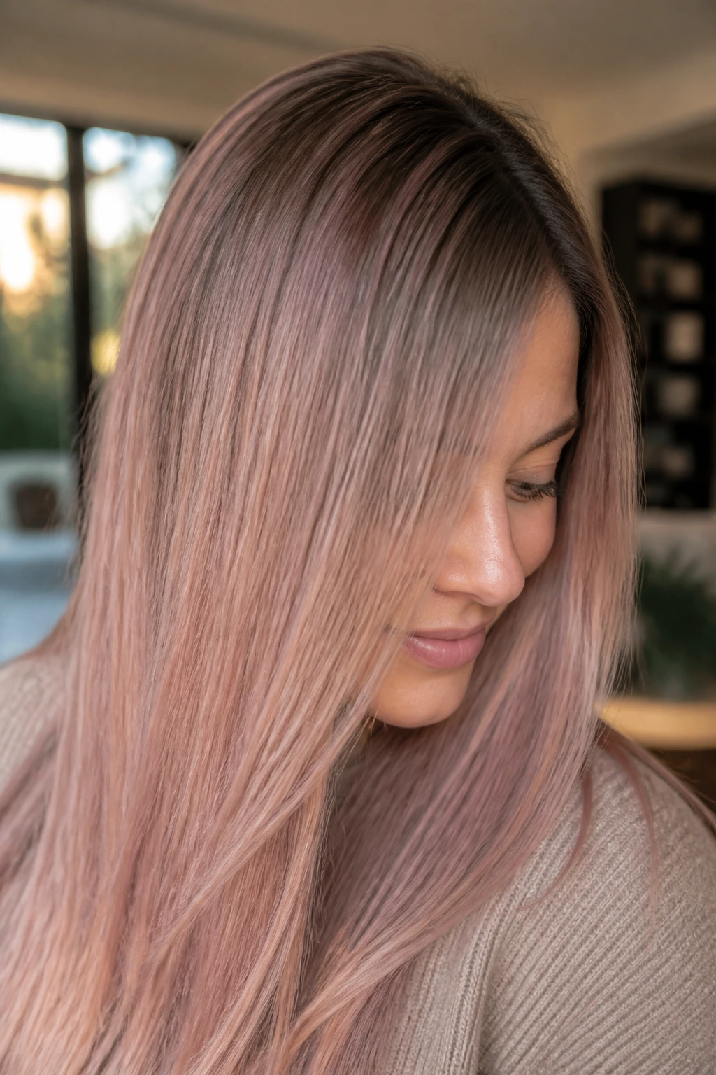 Close-up portrait of a real woman with rosy beige melt on straight hair in soft light