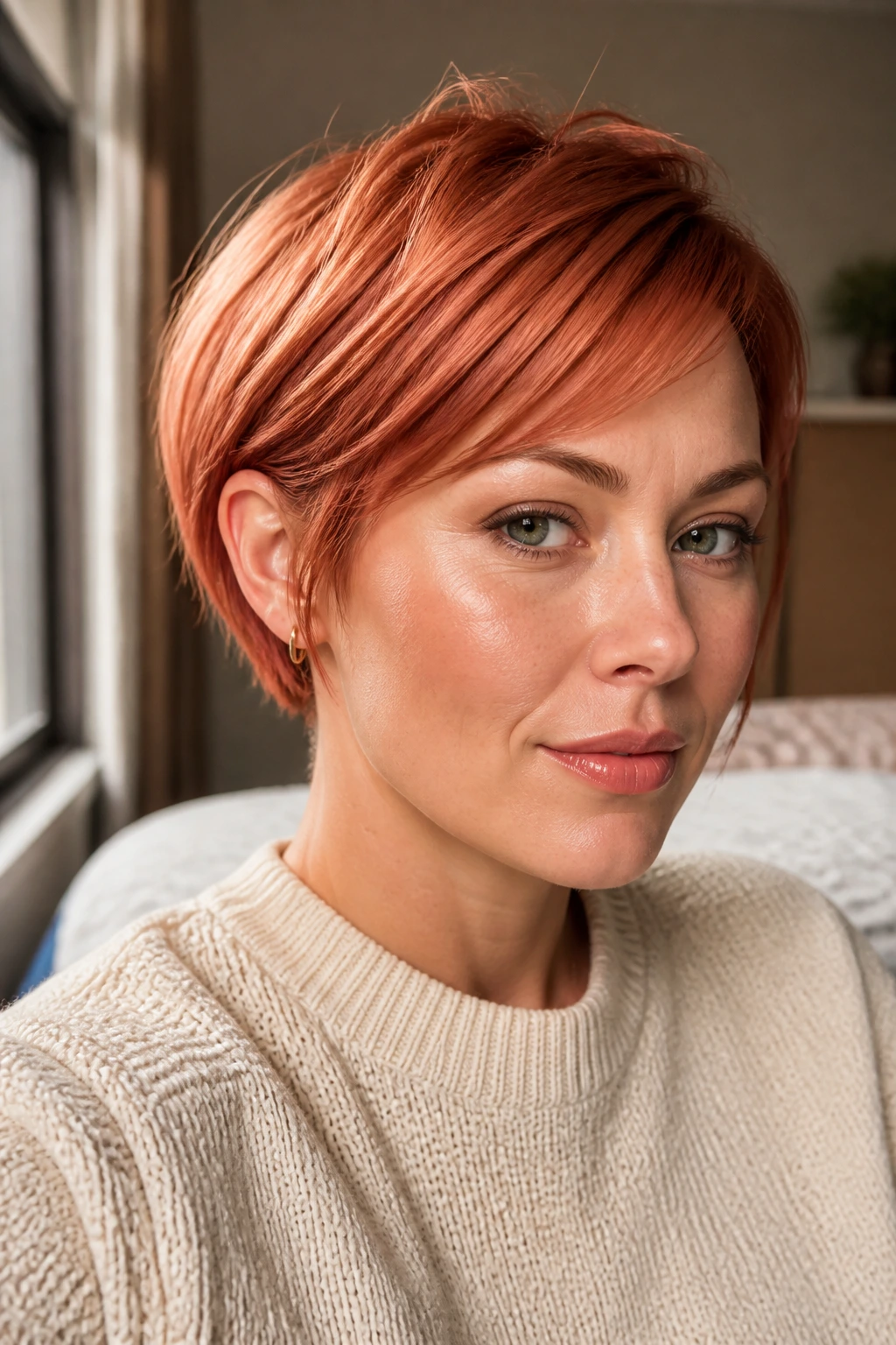Close-up portrait of a real woman with rosy copper close-cropped bob in warm window light.
