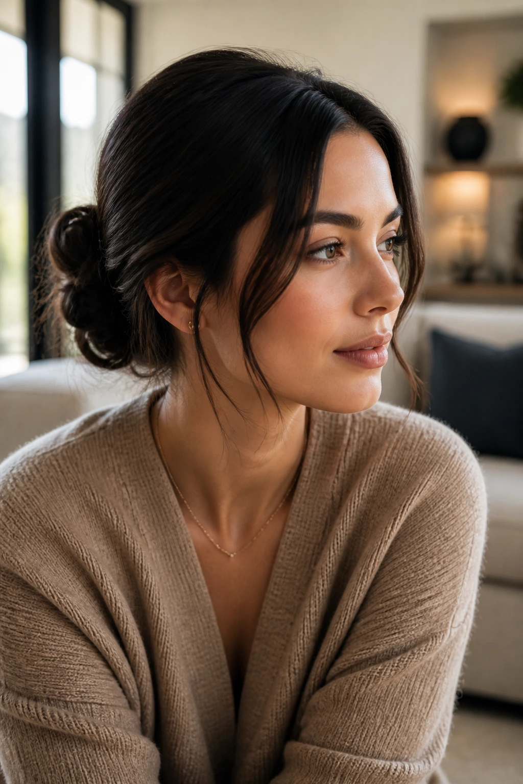 Portrait of a real woman with medium-length hair in a low bun in a warm indoor setting.