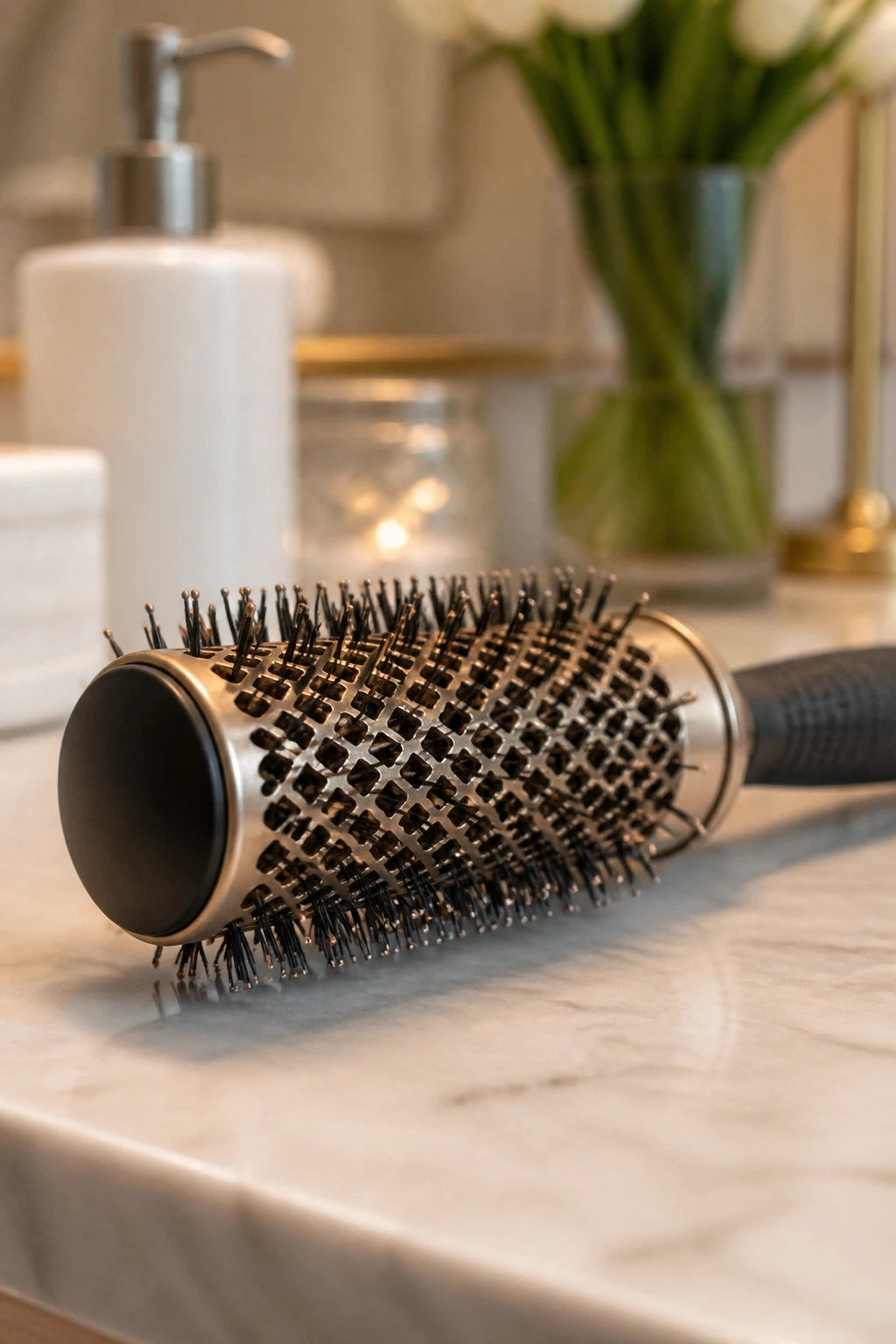 Close-up of a round brush used for styling thin bangs on a vanity.