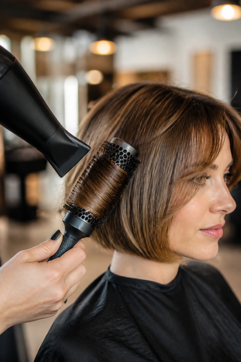 Close-up of a round brush styling real hair during blow-dry.