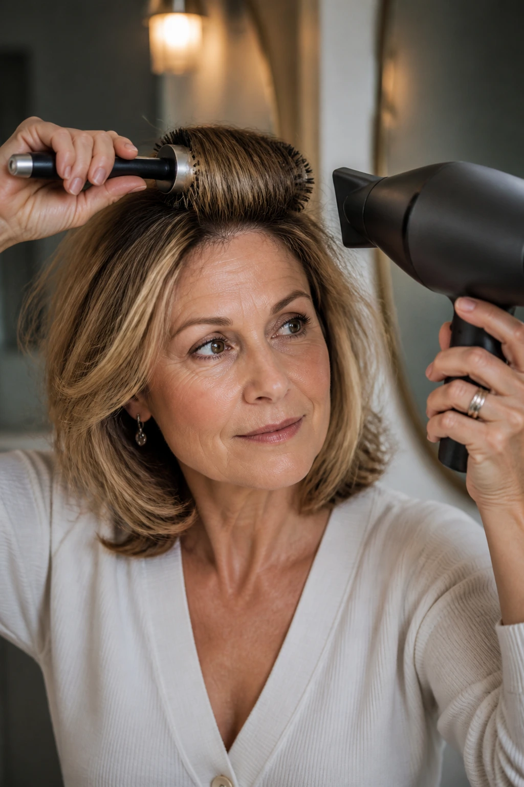 Portrait of a woman using a round brush and blow dryer to style layered hair at a vanity