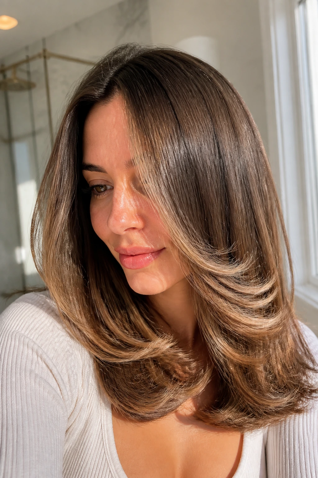Close-up of a real woman with a classic round-brush blowout.