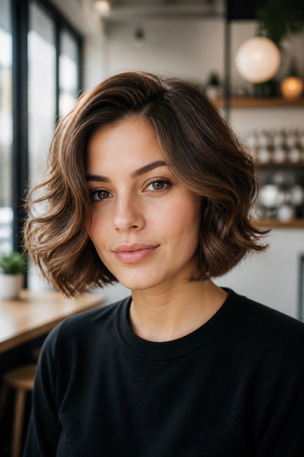 Real woman with a polished round-brush blowout wave hairstyle