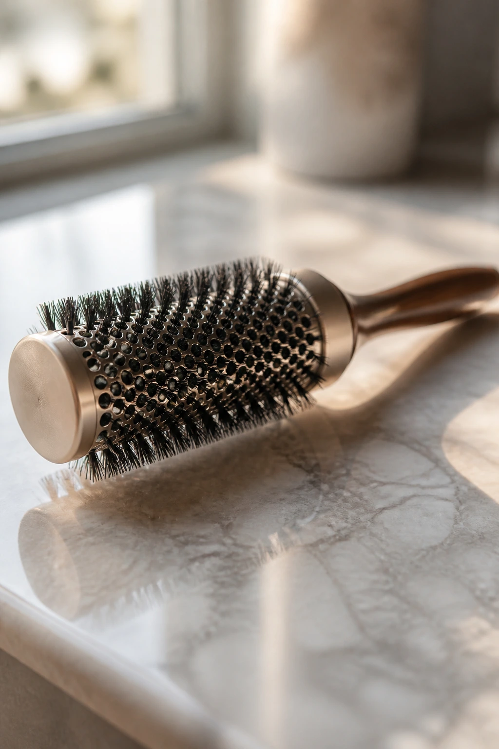Close-up of a 1-inch round brush used for bottleneck bangs