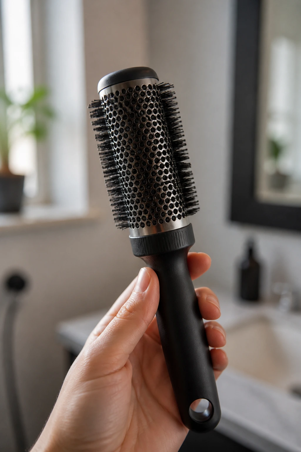 Close-up of a compact round brush in a bathroom setting.