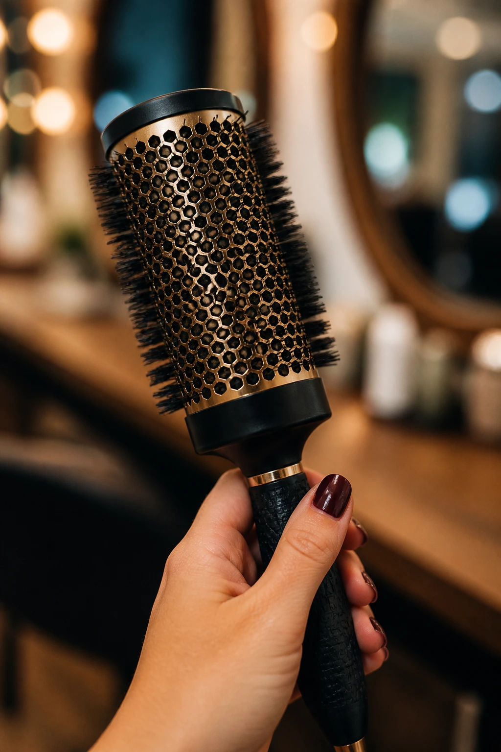 Close-up of round hair brush used for crown lift, in a salon context