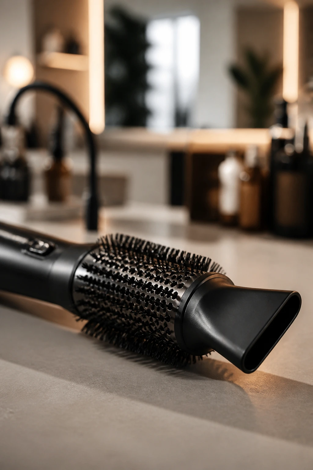 Close-up of a round brush used for thick-hair styling in a salon