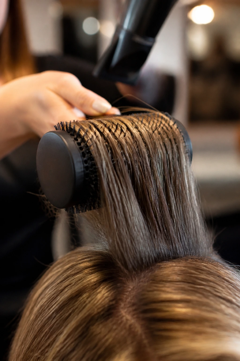 Close-up of round brush and hair used to create soft volume in a salon.