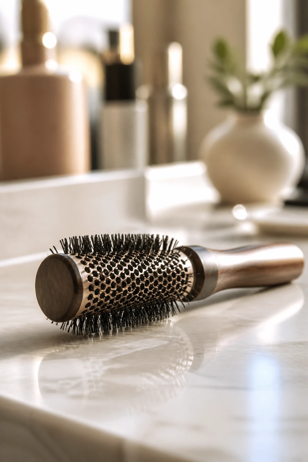 Close-up of a round hairbrush used for soft fringe styling on a bathroom counter under warm light