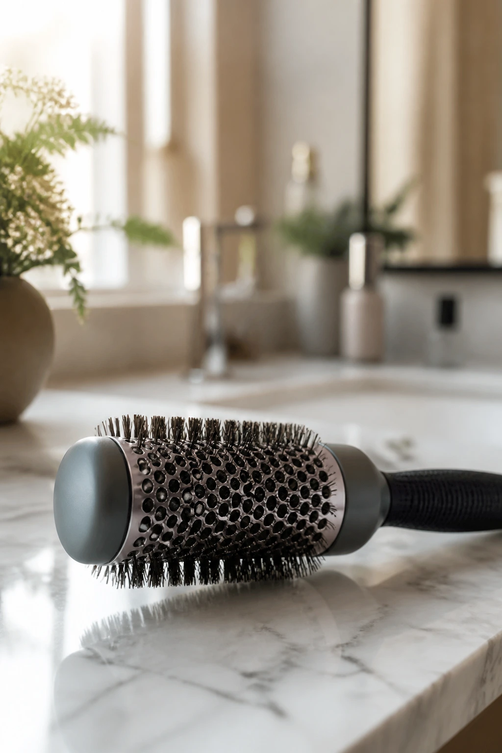 Close-up of a small round brush on a vanity with blurred background