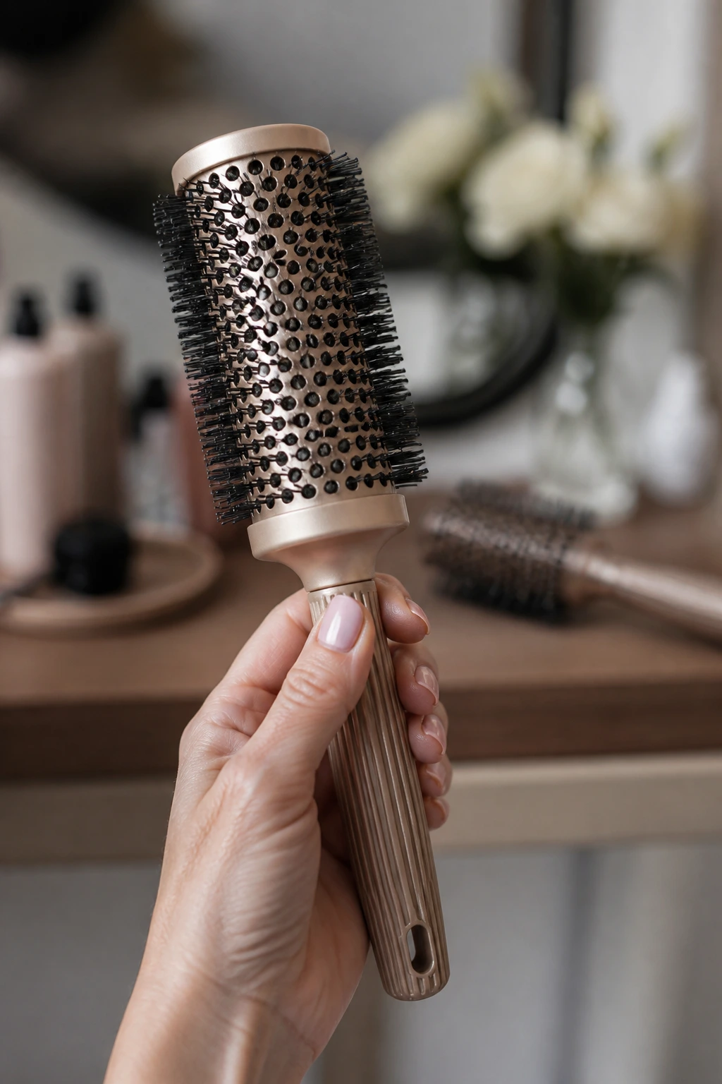 Close-up of a round brush held in a hand, ready for styling layered hair