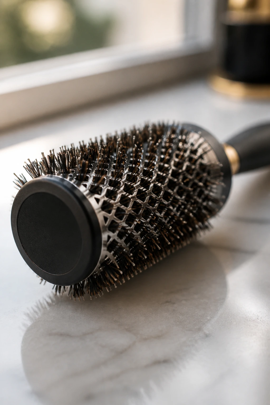 Close-up of a round hairbrush on a clean salon counter with natural light