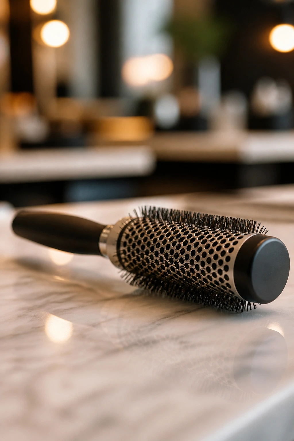 Close-up of a round hair brush on a counter for layered hair styling