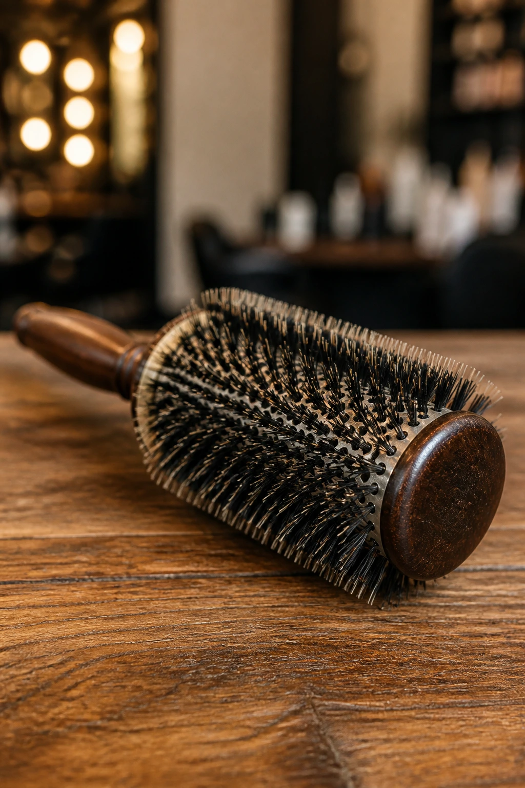 Close-up of a professional round hairbrush used to style straight hair