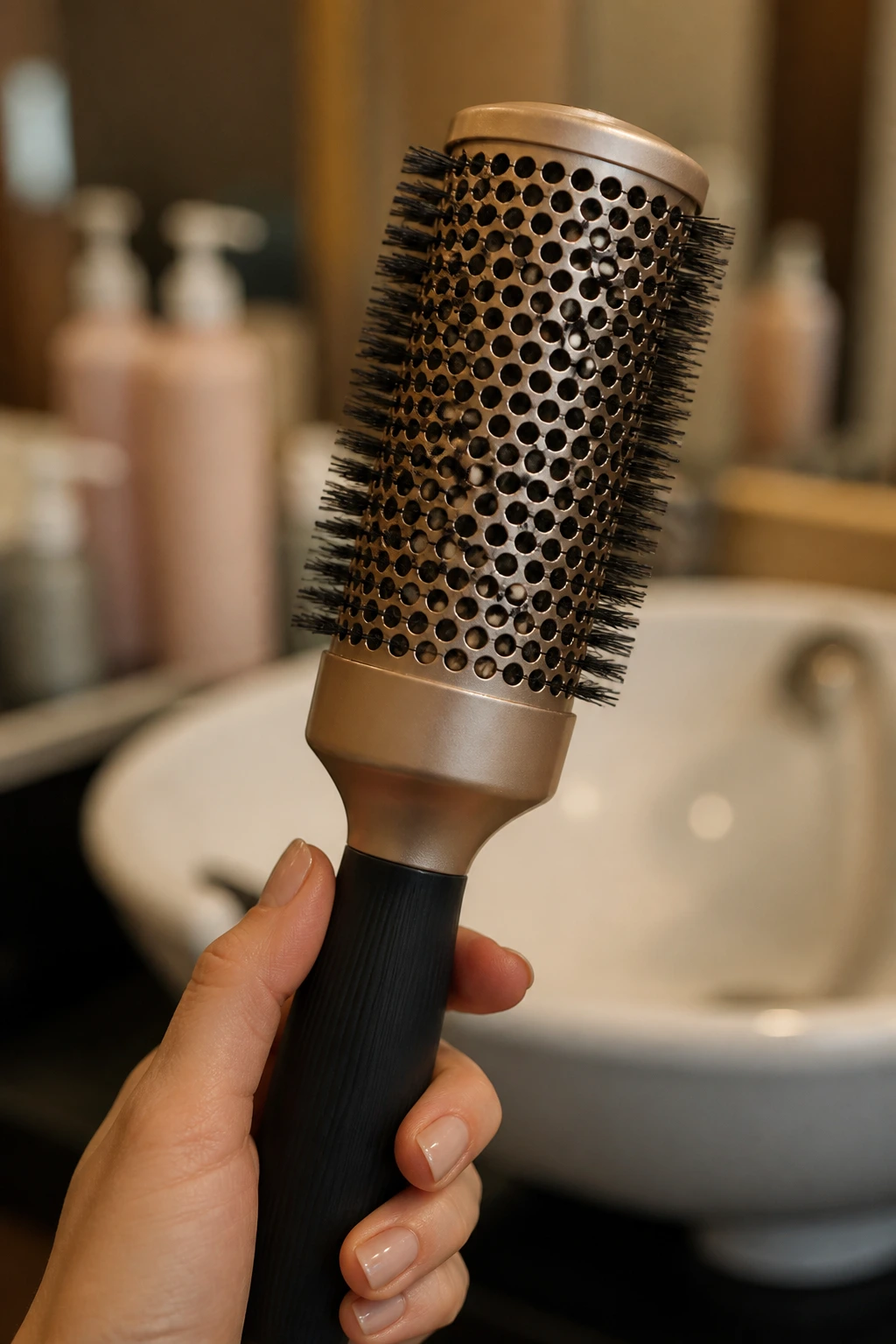 Close-up of a round brush held in a hand as a key tool for blonde looks