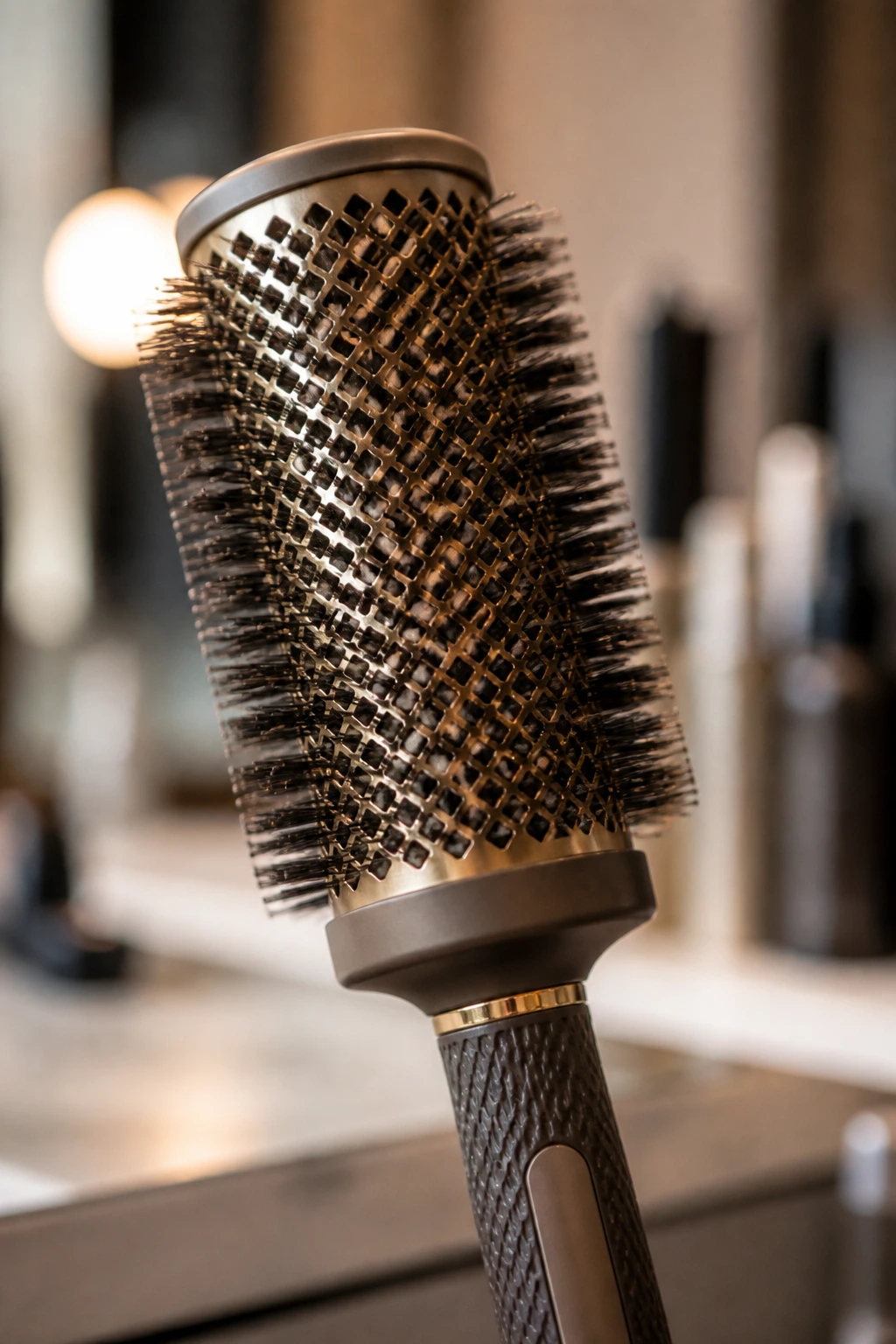 Macro close-up of a round brush used for butterfly wing styling