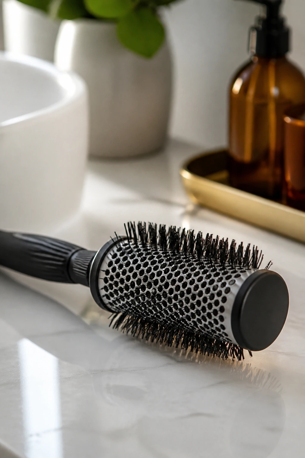 Close-up of a round hair brush on a bathroom vanity with soft natural light