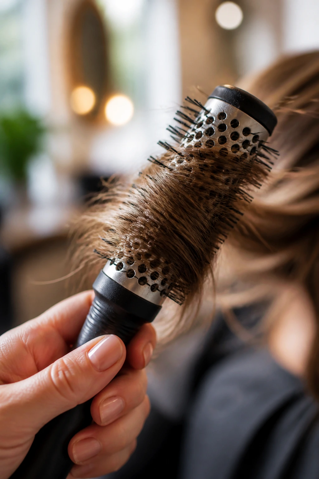 Close-up of round hair brush in hand for wolf cut styling
