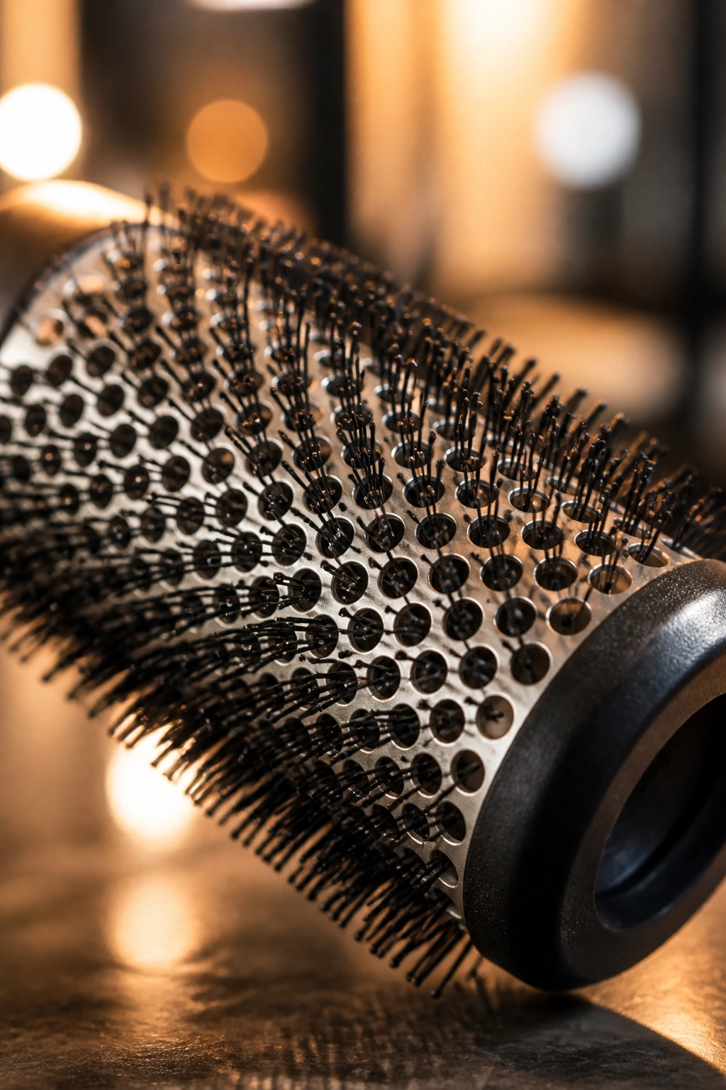 Close-up of a round brush used for long-layer styling in a salon.