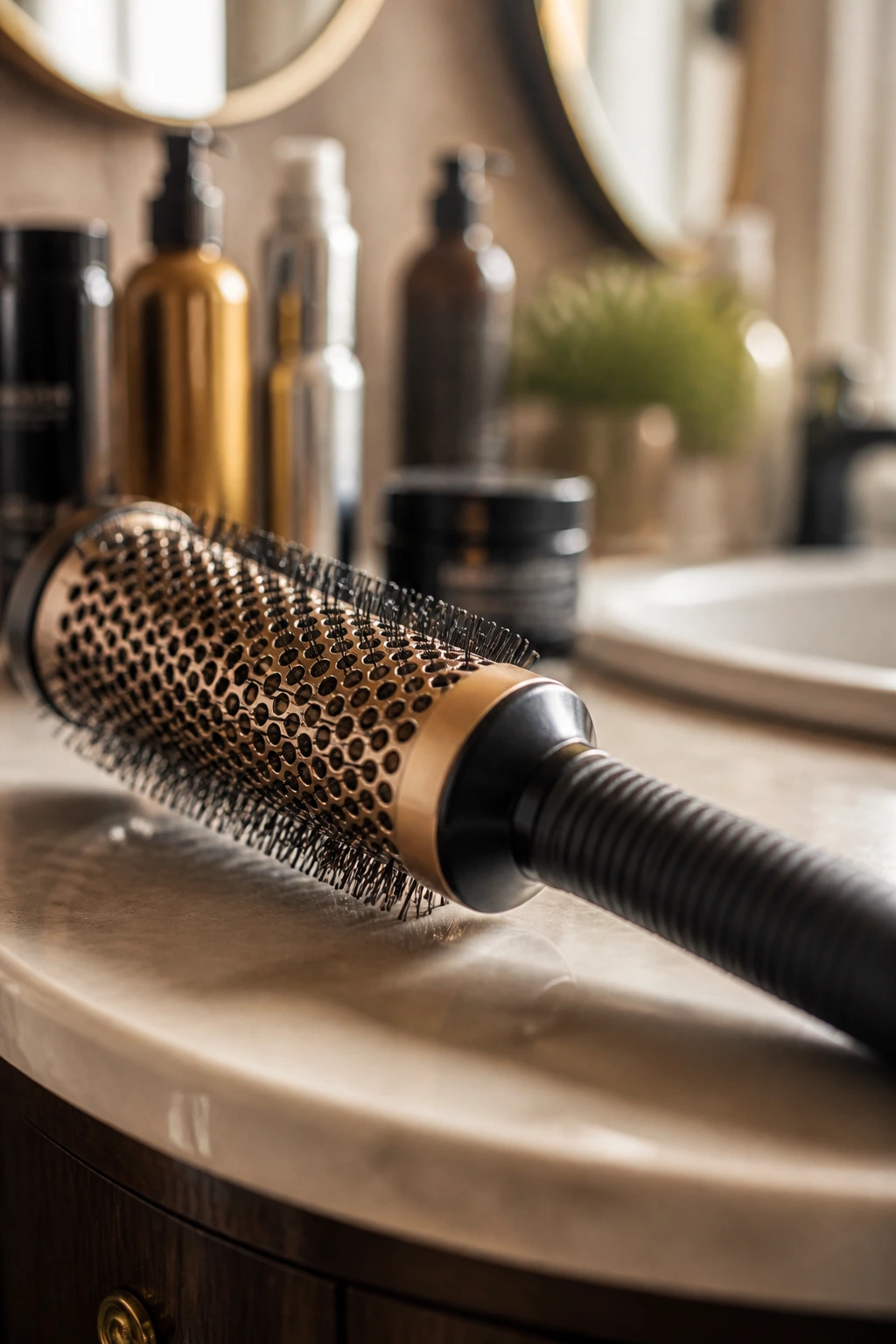 Close-up of a round brush on a bathroom counter for layered haircuts