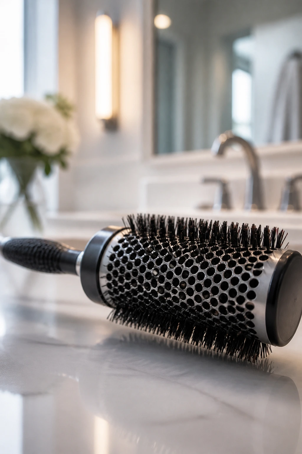 Close-up of a round brush with bristles on a clean surface under bright light