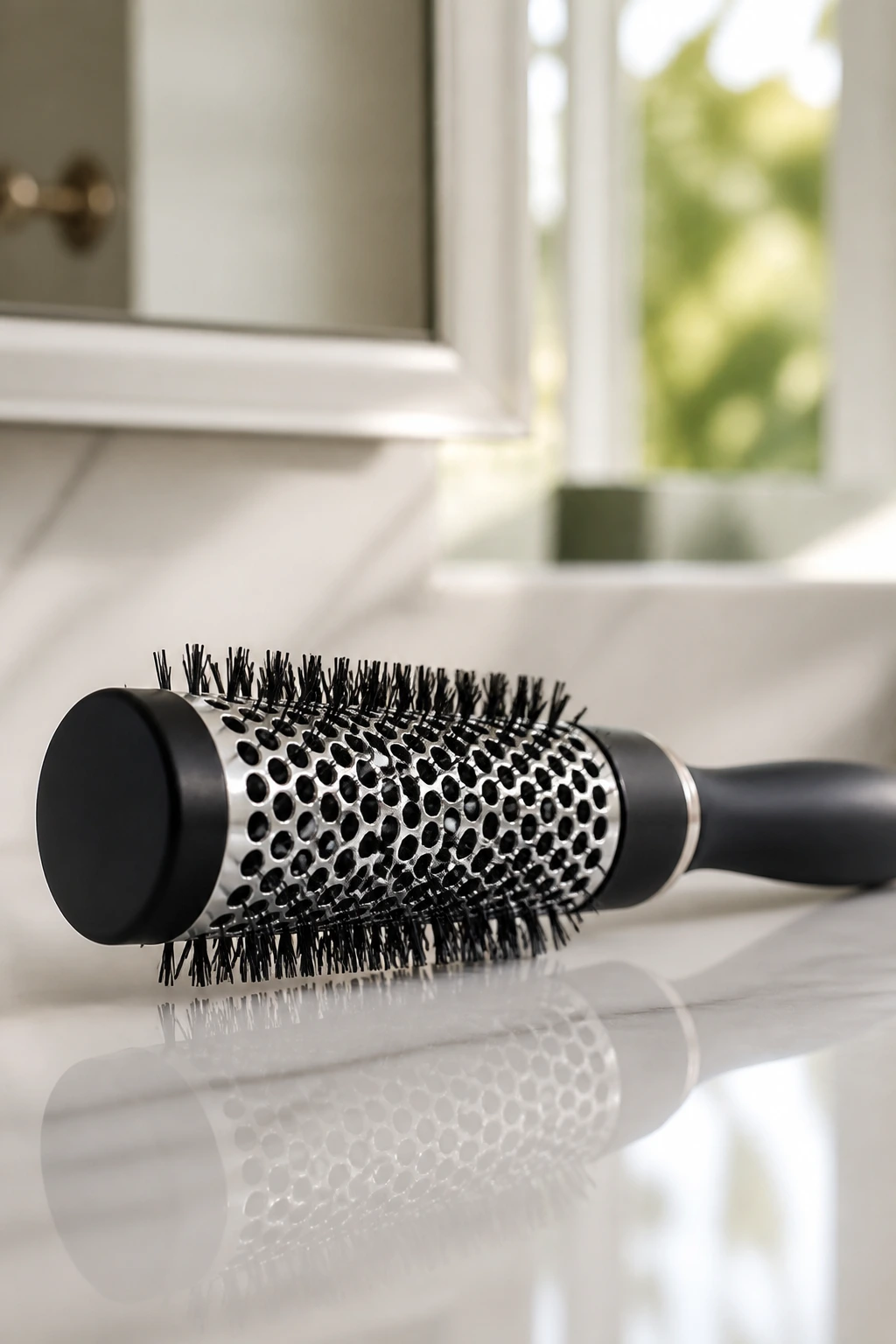 Round brush on bathroom counter ready for feathered styling