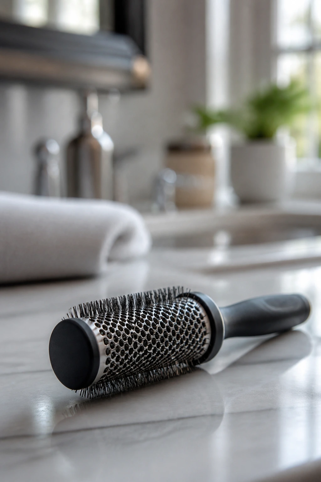 Close-up of a round brush used for styling gray short hair on a bathroom counter.