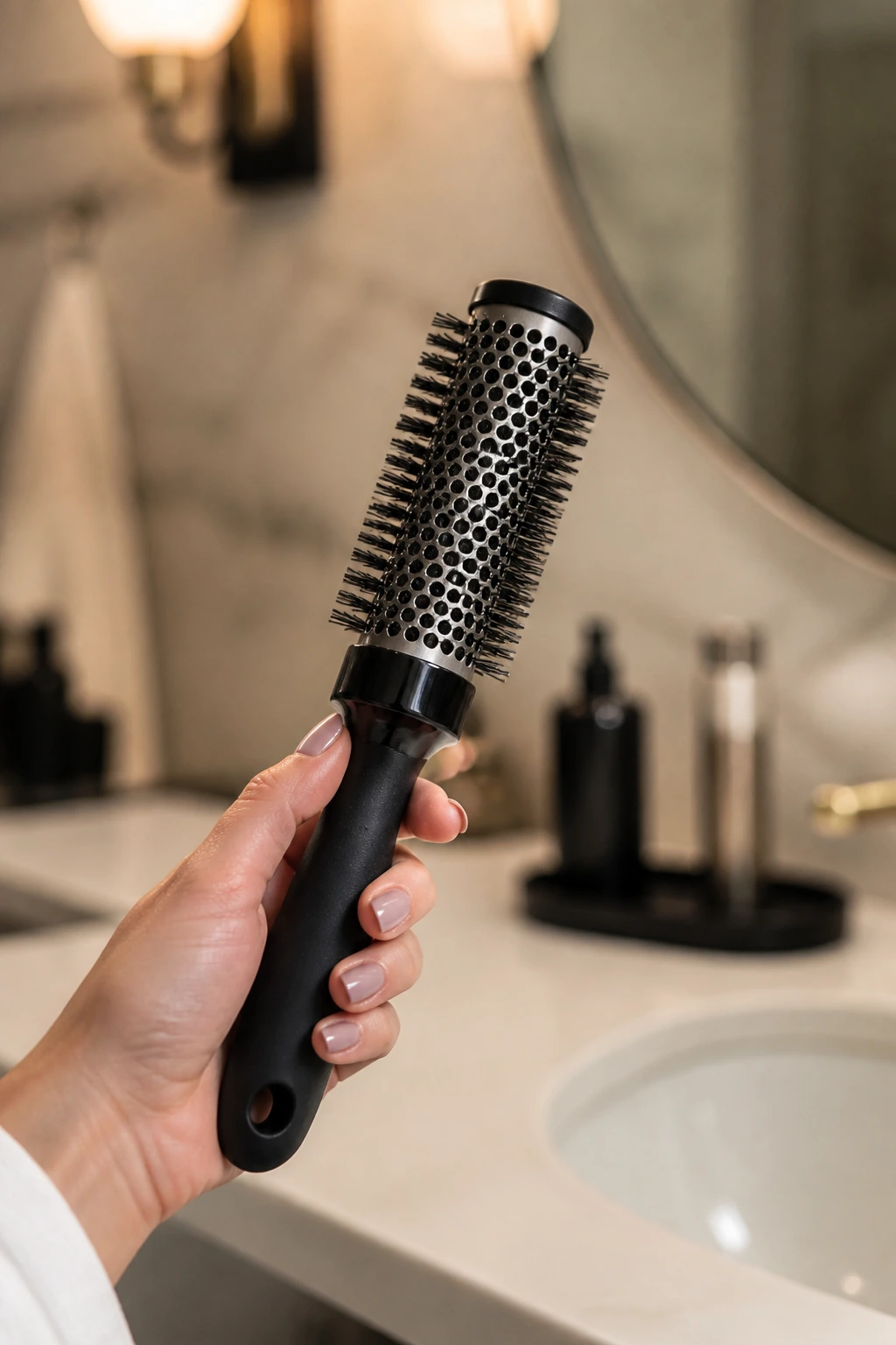 Close-up of a 1.25-inch round brush held in a hand over a blurred bathroom vanity.