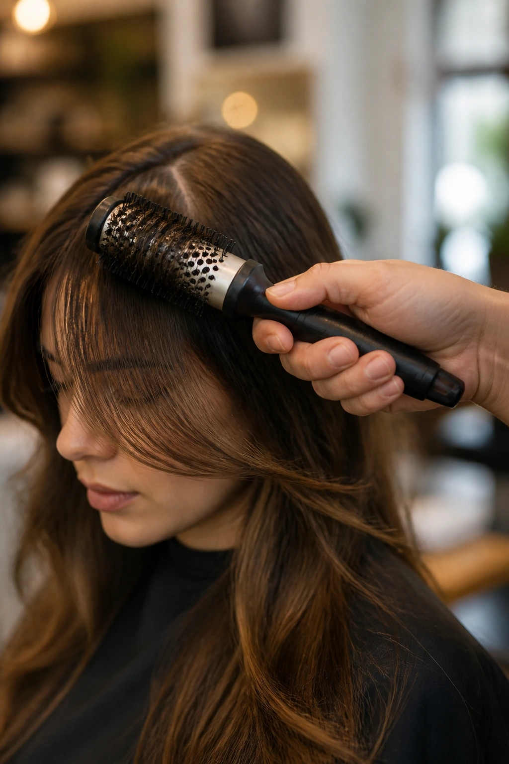 Close-up of hand holding a round brush with face-framing hair