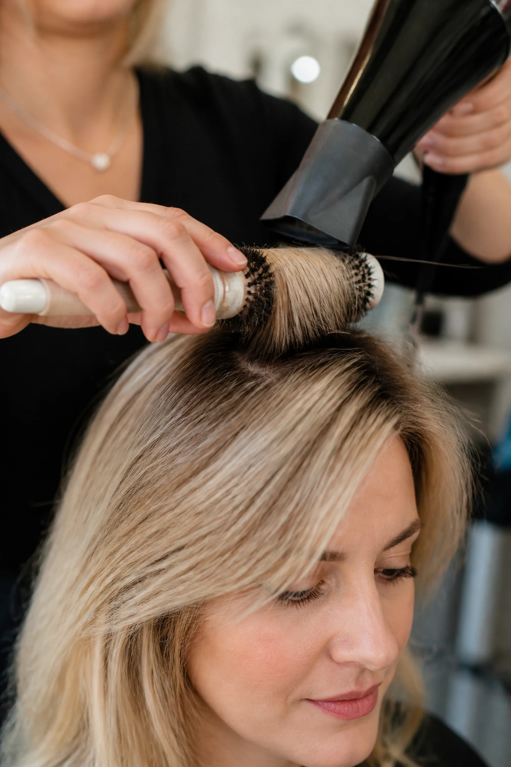 Close-up of a real person using a round brush on roots to hold shape