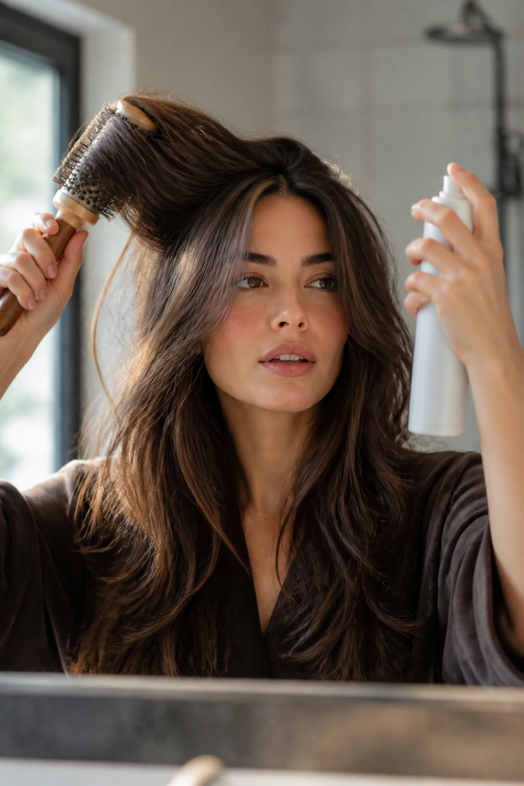 Portrait showing styling tools and products used for thick hair in a home setting