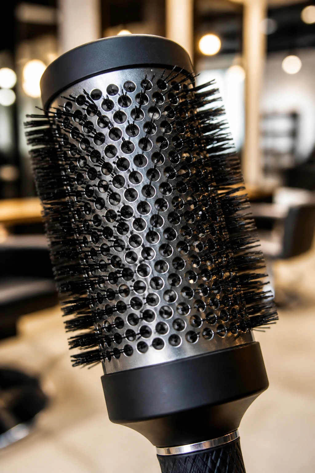 Macro close-up of a round brush used for styling thin-hair shag