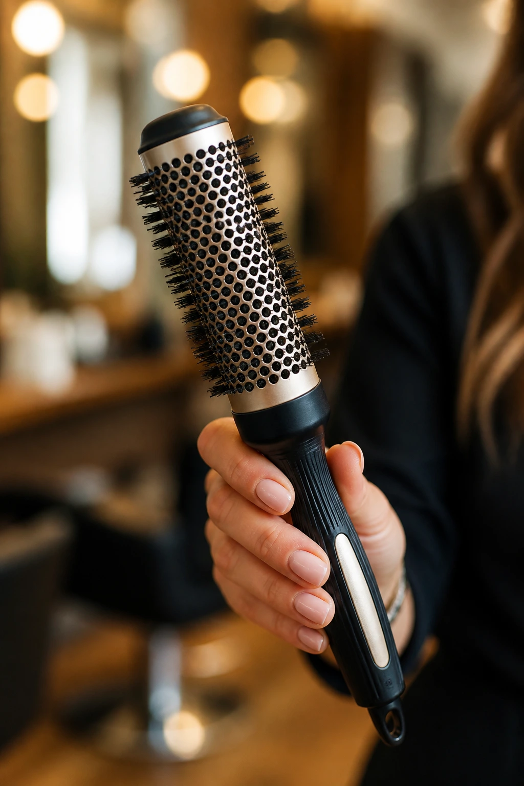 Close-up of a medium round brush held in a salon setting as the main tool
