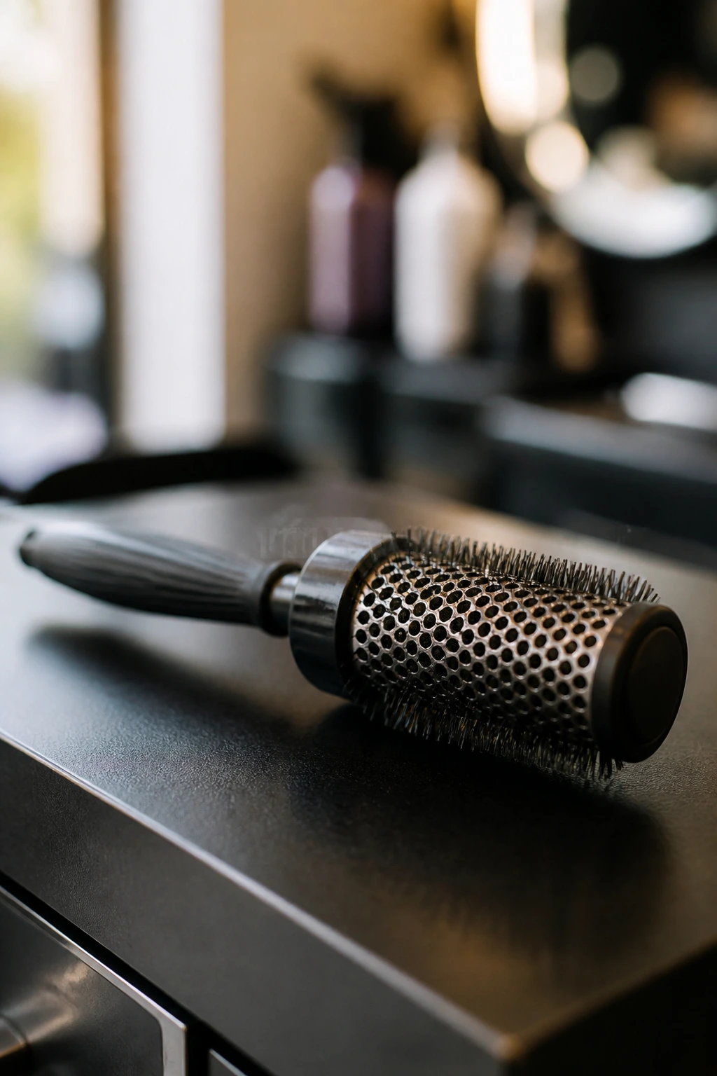 Close-up of a small round hairbrush at a salon station