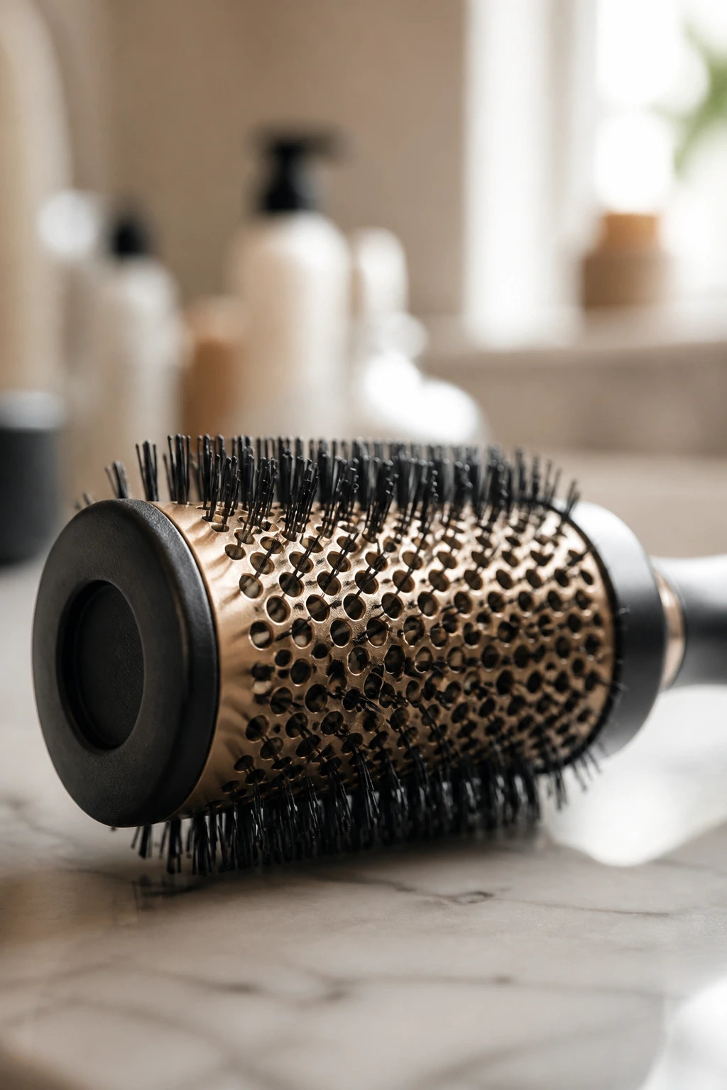 Close-up of a small round brush on a bathroom vanity