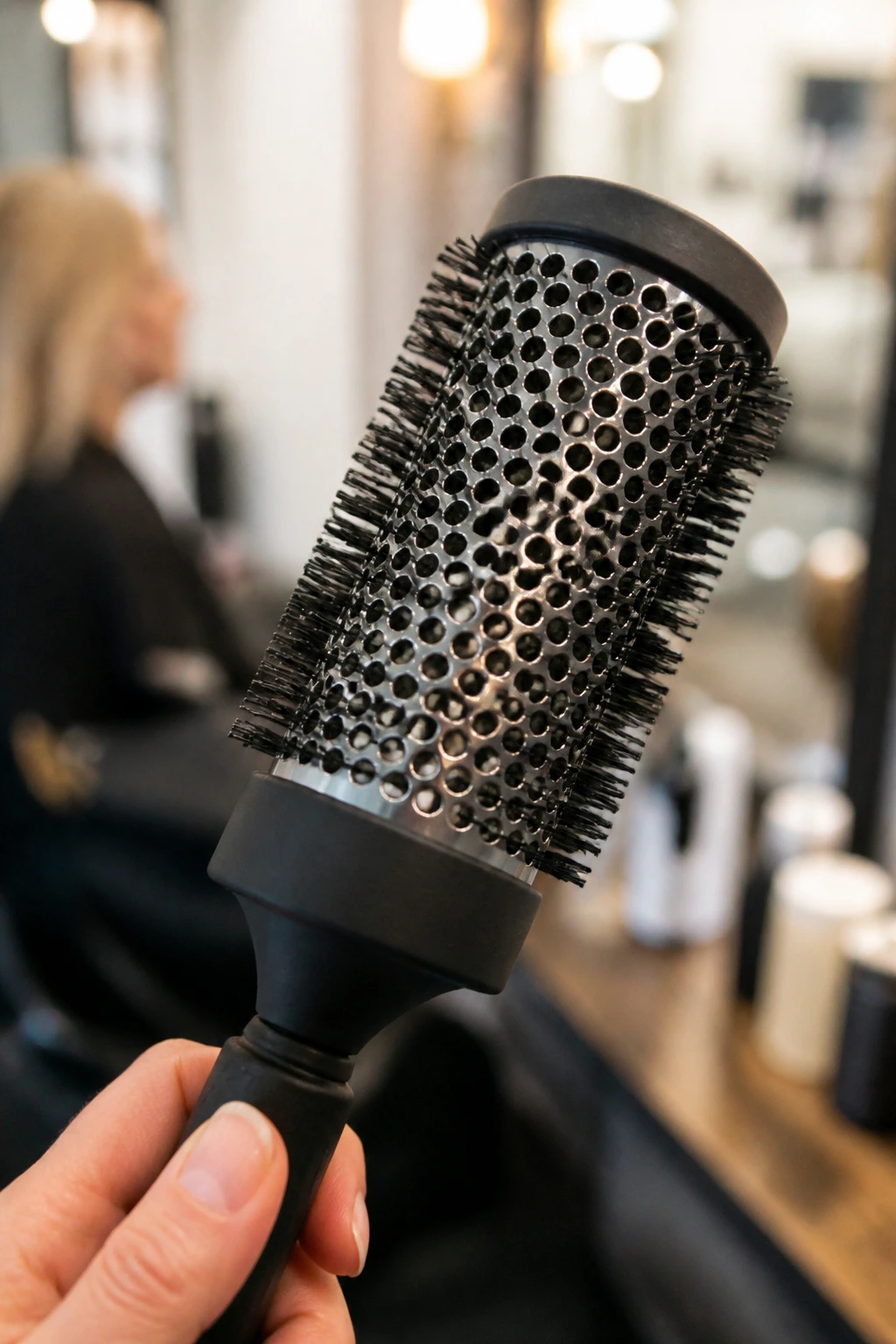 Close-up of a 1.5-inch round brush used for shaping layered hair.