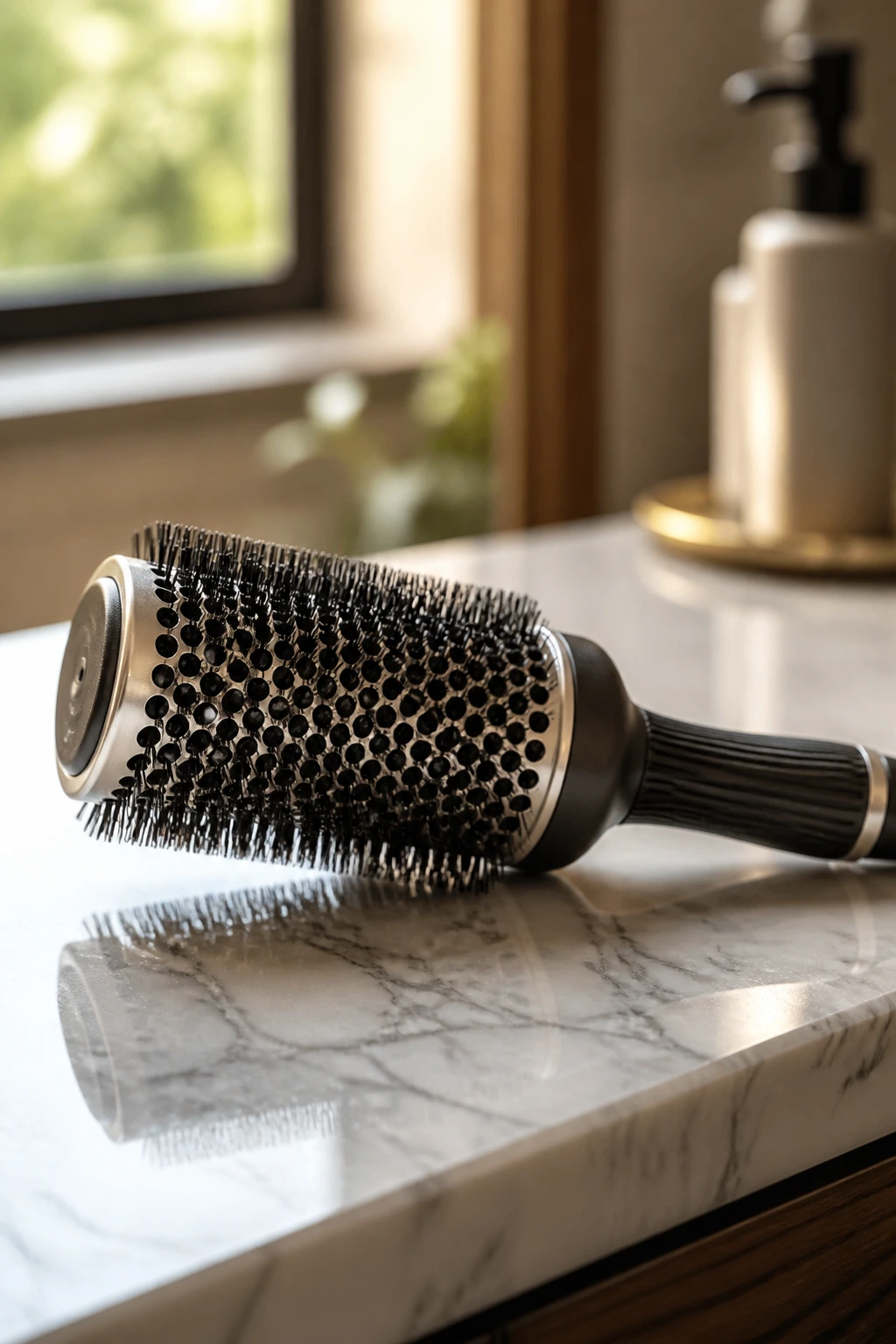Close-up of round hair brush on marble counter in warm salon light, essential styling tools