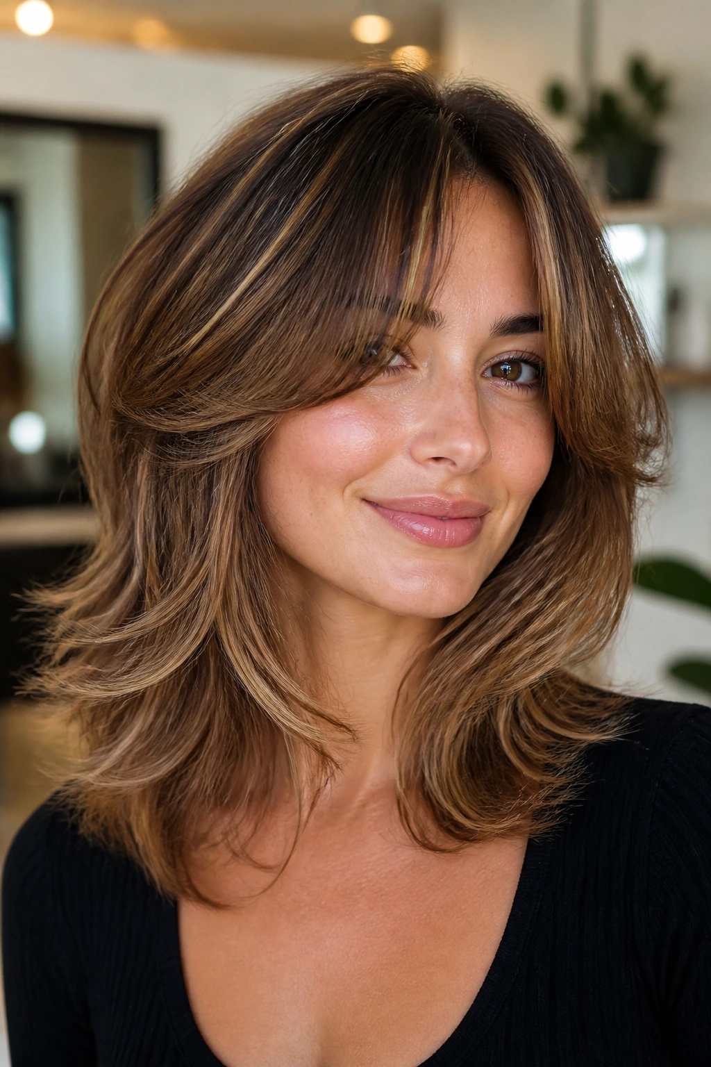 Close-up of a real person with Round-Brush Shag With Bouncy Layers showing lifted crown and rounded bangs