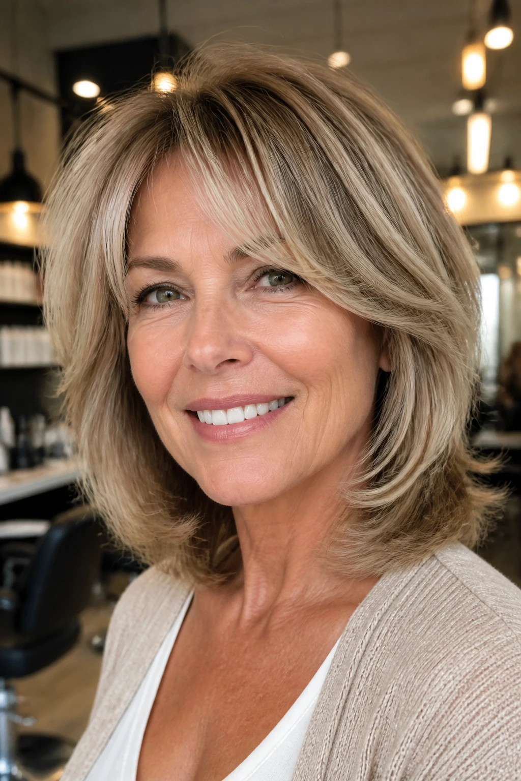 Close-up of a real woman with round-brush blowout shag showing lifted roots and under-curled ends