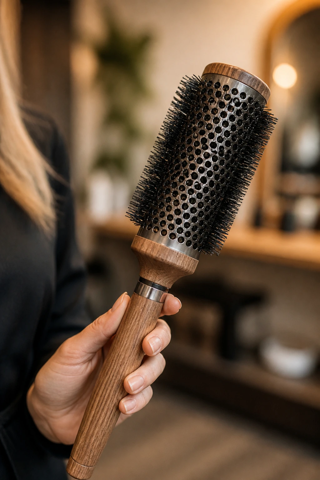 Close-up of round brush filling the frame in a stylist's hand